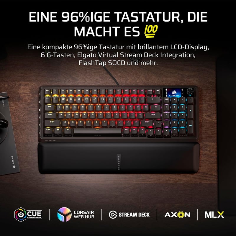 Corsair Vanguard 96 Mechanikus Gaming Billentyűzet MLX Plasma, 8000Hz, LCD Kijelző, QWERTZ Német kiosztás