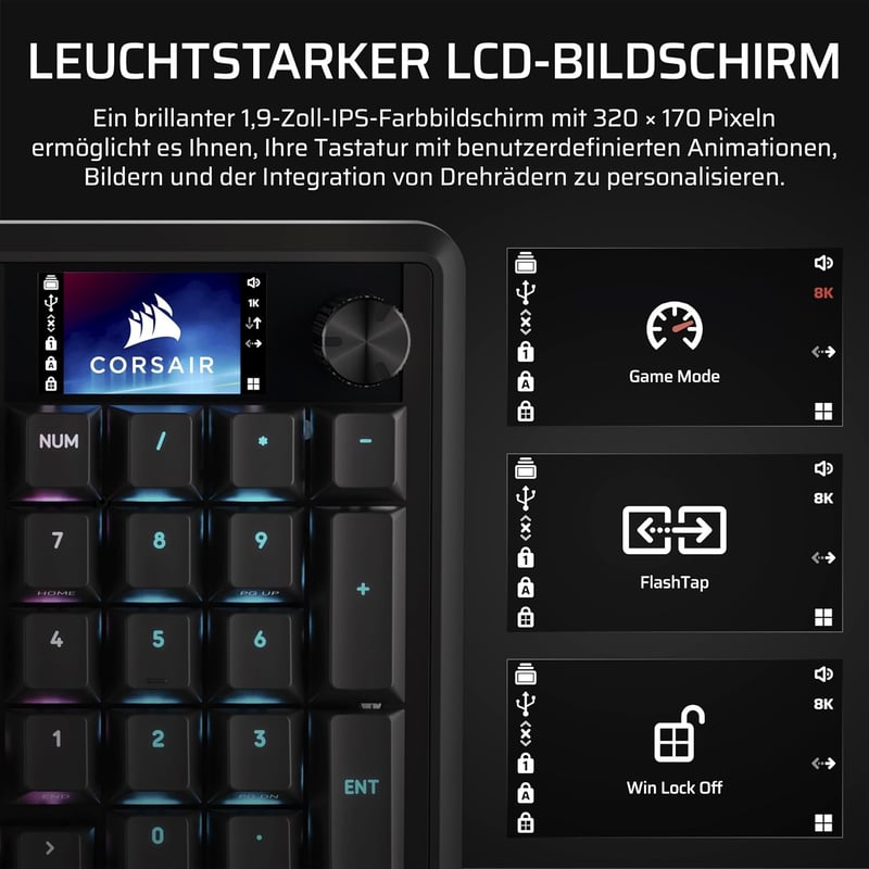 Corsair Vanguard 96 Mechanikus Gaming Billentyűzet MLX Plasma, 8000Hz, LCD Kijelző, QWERTZ Német kiosztás