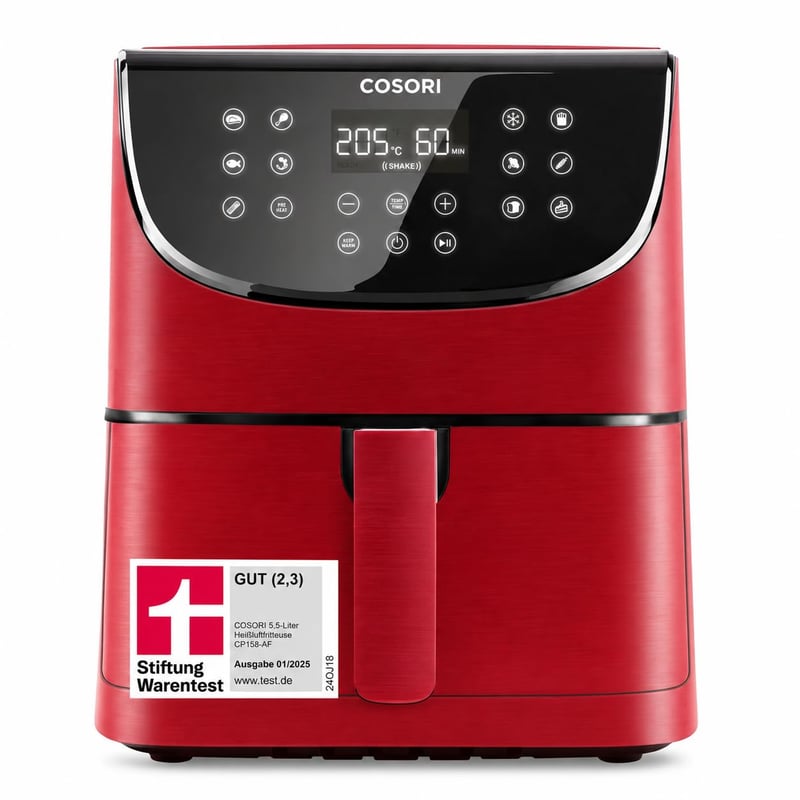Teplovzdušná fritéza COSORI CP158-AF, 5,5 l, 11 programov, LED dotykový displej, pripomienka na pretrasenie, 1700 W, červená, použitá