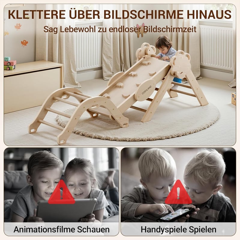 COSYLAND Beltéri Mászóállvány M - Montessori Fa Játszóház Csúszdával - 8 az 1-ben Fejlesztő Játék Gyerekeknek 18 Hónapos Kortól