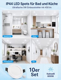 COTLEDL LED Vstavané bodové svietidlo 230V 10 ks, 5W 450lm IP44 Kúpeľňové stropné bodové svietidlo, priemer 68-80 mm, studená biela 6000K, obývačka kuchyňa 7