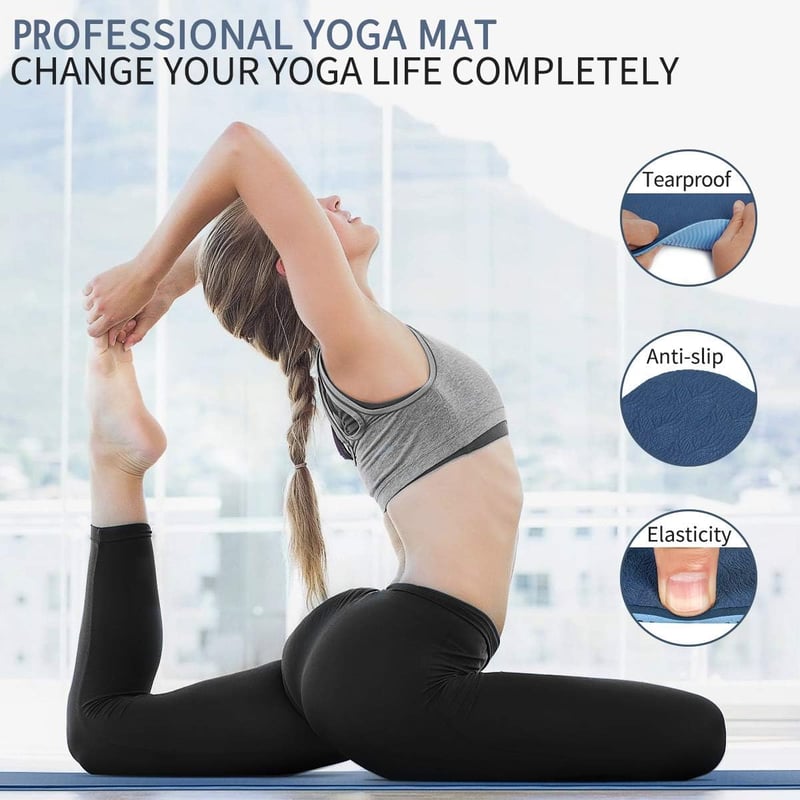 Covacure TPE Jóga Matrac 183x66cm - Csúszásmentes Fitness és Pilates Szőnyeg Hordozópánttal, Könnyű és Tartós, Kék