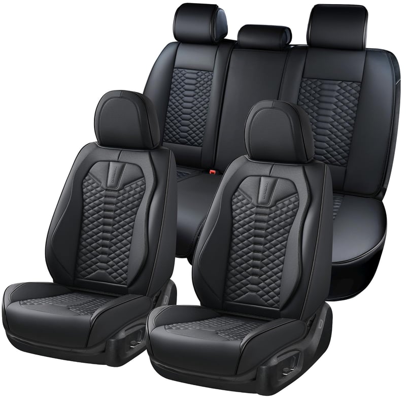 Set huse auto din piele Coverado, 5 piese, pentru scaune față și banchetă spate, impermeabile, negre, potrivire universală