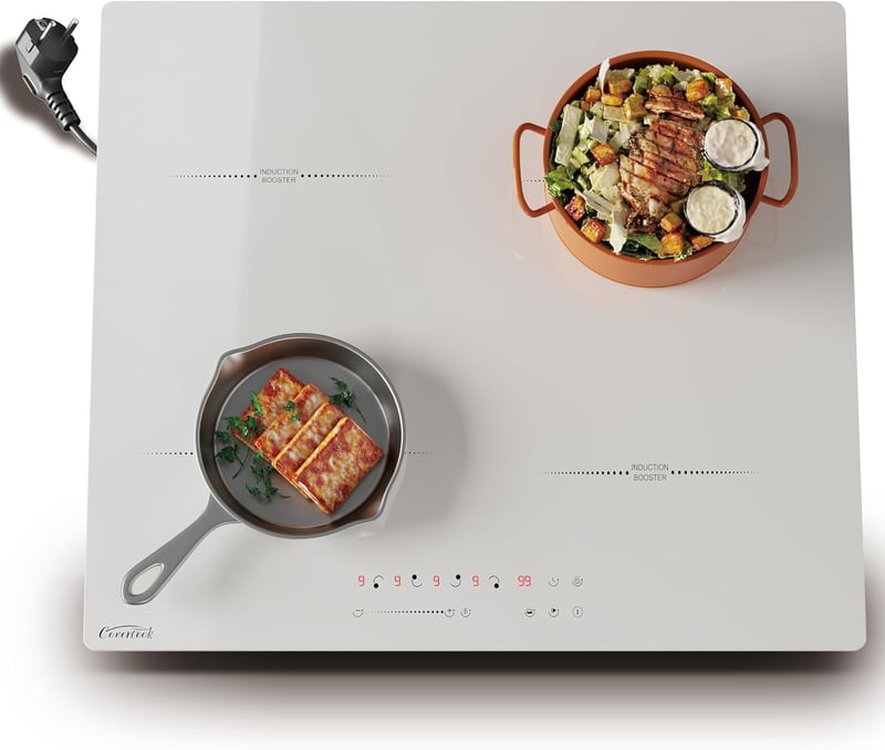 COVERCOOK Fehér Indukciós Főzőlap 60 cm - 4 Zónás Üvegkerámia Lap, Konnektorba Dugható, Érintőgombos Vezérlés, 9 Teljesítményszint, Időzítő,