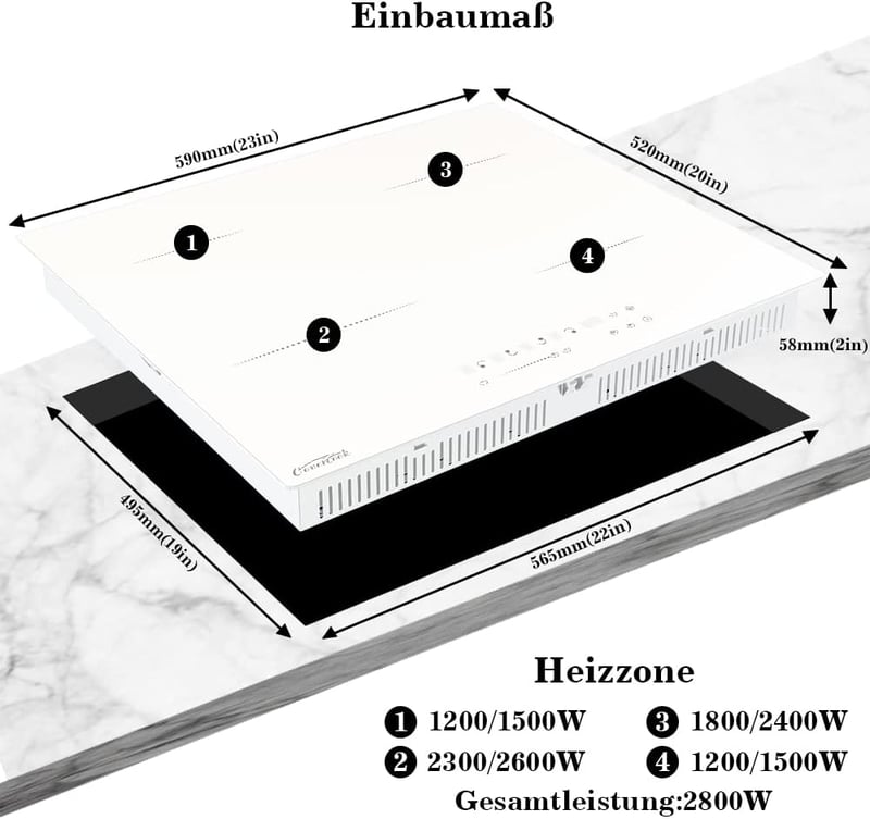 COVERCOOK Fehér Indukciós Főzőlap 60 cm - 4 Zónás Üvegkerámia Lap, Konnektorba Dugható, Érintőgombos Vezérlés, 9 Teljesítményszint, Időzítő,