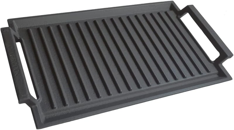 COVERCOOK Öntöttvas Grill Serpenyő - Téglalap Alakú 43x23 cm - Két Fogantyús - Indukciós, Gáz, Elektromos Főzőlapra és Szabadtéri Sütéshez