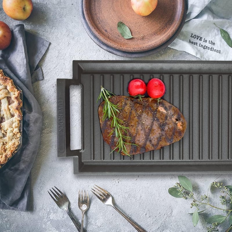 COVERCOOK Öntöttvas Grill Serpenyő - Téglalap Alakú 43x23 cm - Két Fogantyús - Indukciós, Gáz, Elektromos Főzőlapra és Szabadtéri Sütéshez