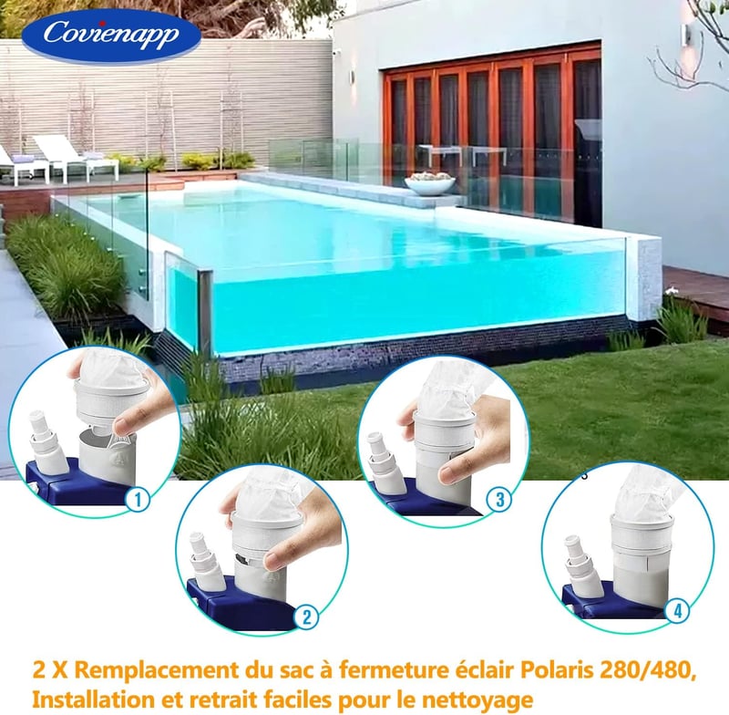 Covienapp 2 db szűrőzsák Polaris 280 480 medencetisztítóhoz cipzárral fehér