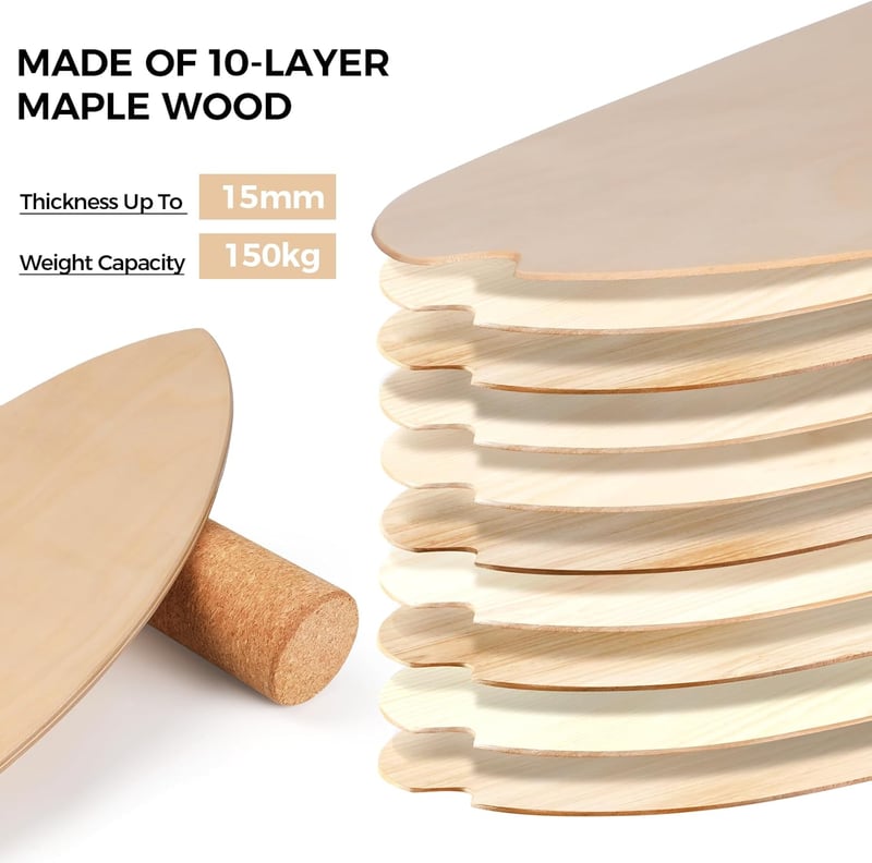 Cowiewie Balance Board 15mm + 10mm Parafa Tekercs, 150kg Terhelhetőség, Szörf és Gördeszkázáshoz - wood-coloured