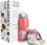 COZHYESS Gyermek Kulacs 550ml - Szívószálas, Szivárgásmentes Rozsdamentes Acél Ivópalack Nyuszis Rózsaszín Dizájnnal - Iskolába, Óvodába, Ki 7