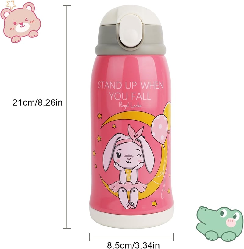 COZHYESS Gyermek Kulacs 550ml - Szívószálas, Szivárgásmentes Rozsdamentes Acél Ivópalack Nyuszis Rózsaszín Dizájnnal - Iskolába, Óvodába, Ki