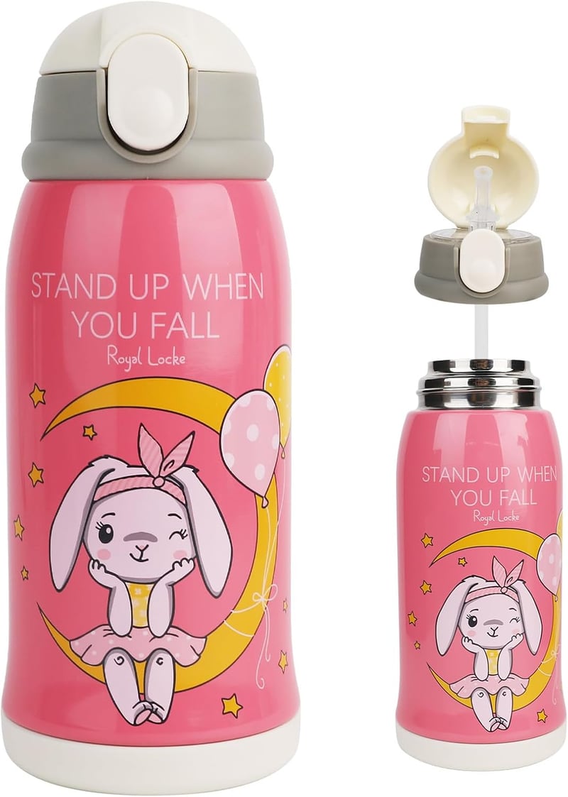COZHYESS Gyermek Kulacs 550ml - Szívószálas, Szivárgásmentes Rozsdamentes Acél Ivópalack Nyuszis Rózsaszín Dizájnnal - Iskolába, Óvodába, Ki