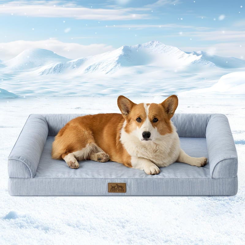 COZY KISS Ortopedický chladiaci pelech pre veľké psy 91x69x16 cm – Ergonomická pohovka s odnímateľným prateľným poťahom a penou so včelím vzorom, vodoodolná, svetlosivá