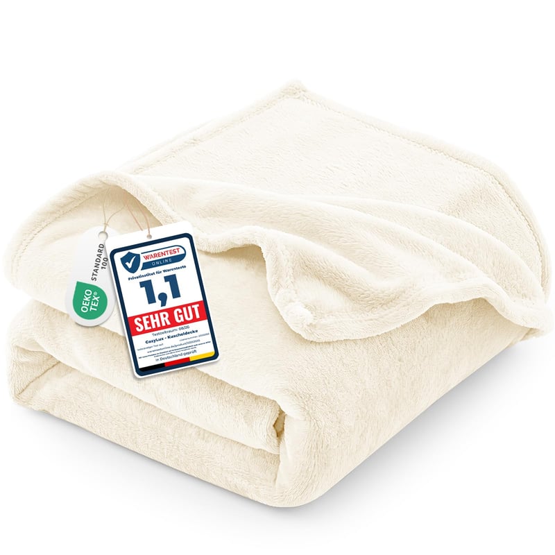 Pătură pufoasă din pluș CozyLux 130x150 cm, cuvertură caldă și moale de culoarea cremei pentru canapea și pat