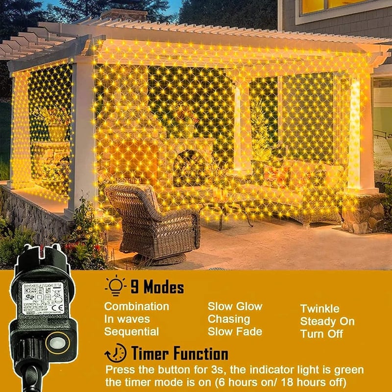 Cozymeow 3x2m 200 LED Hálós Kültéri Fényfüzér Meleg Fehér, Időzítő, 8 Mód, Vízálló