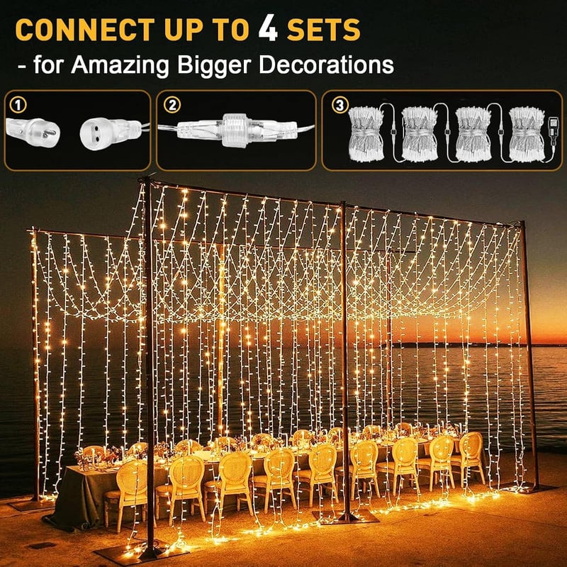 Cozymeow LED Fényfüggöny 2db 600 LED 6x3m - Meleg Fehér Tündérfény 8 Világítási Móddal és Időzítővel - Vízálló Beltéri/Kültéri Dekoráció Esk
