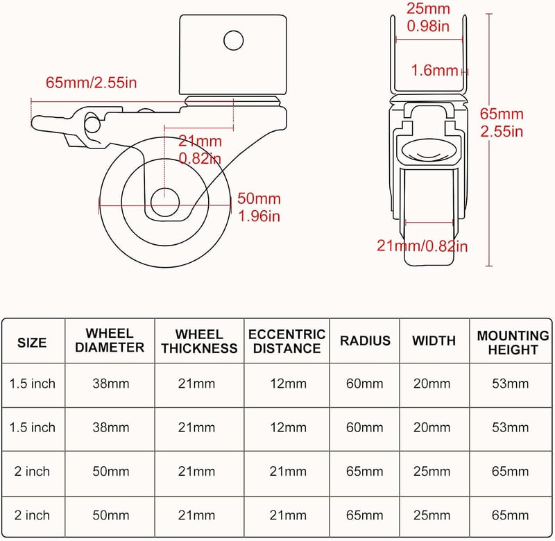CPROSP 4 db bútor görgő fékkel, U tartóval, 50 mm átmérőjű gumikerék, forgó kerekek 25 mm rögzítőnyílással