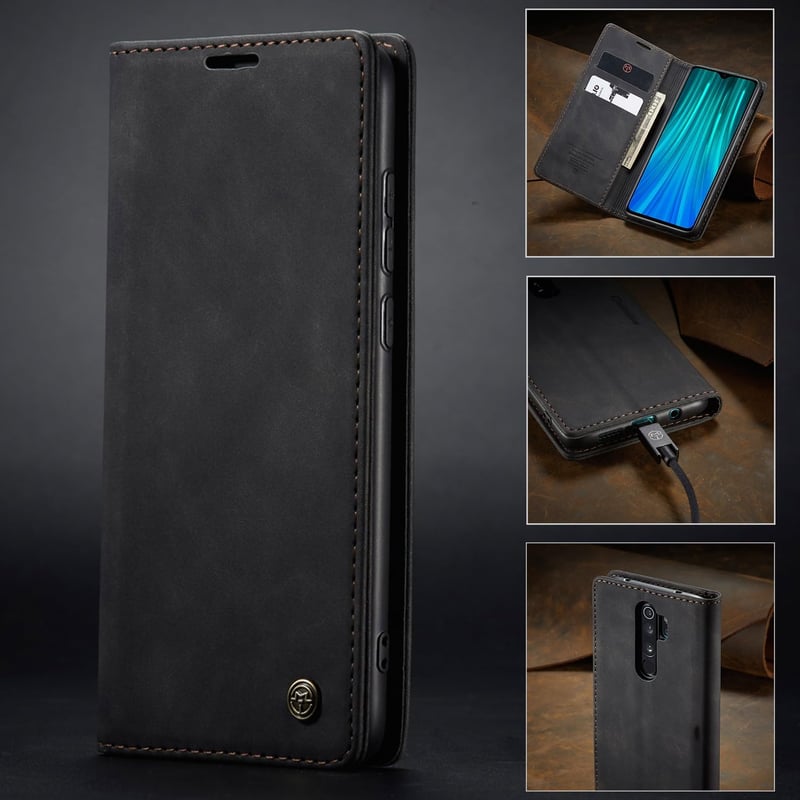 Cracedily Xiaomi Redmi Note 8 Pro Flip Tok Mágneses Kártyatartóval és Állvánnyal Fekete