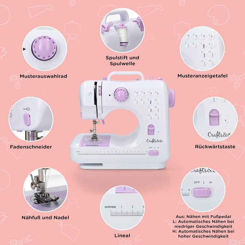 Crafts&Co Varrógép Kezdőknek LED Világítással és Lábpedállal | 12 Öltésminta | Mini Varrógép Overlock Funkcióval | Fehér