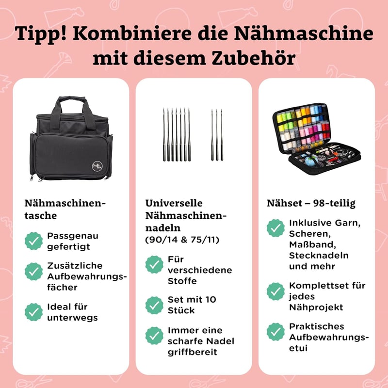 Crafts&Co Varrógép Kezdőknek LED Világítással és Lábpedállal | 12 Öltésminta | Mini Varrógép Overlock Funkcióval | Fehér