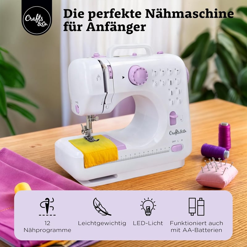 Crafts&Co Varrógép Kezdőknek LED Világítással és Lábpedállal | 12 Öltésminta | Mini Varrógép Overlock Funkcióval | Fehér