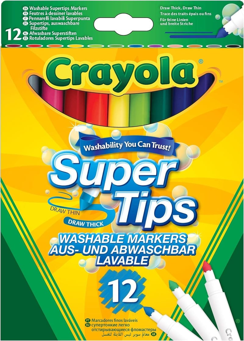 Sada umývateľných fixiek Crayola Super Tips, 12 ks, rôzne farby, stredný hrot, na školské a voľnočasové účely, kaligrafia
