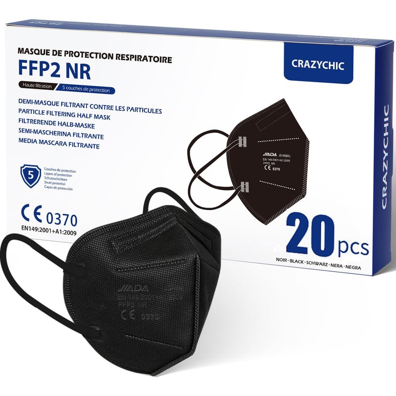 CRAZYCHIC FFP2 respirátor čierny 20 ks - Certifikovaný CE respirátor EN149, 5-vrstvová ochranná maska proti prachu s vysokou filtráciou, jednotlivo balená