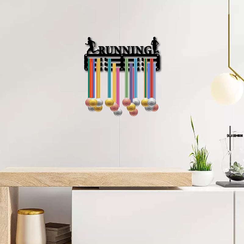 CREATCABIN Futó Éremtartó Fali Dekoráció Sportmedál Akasztó Maraton Futás 29x13cm