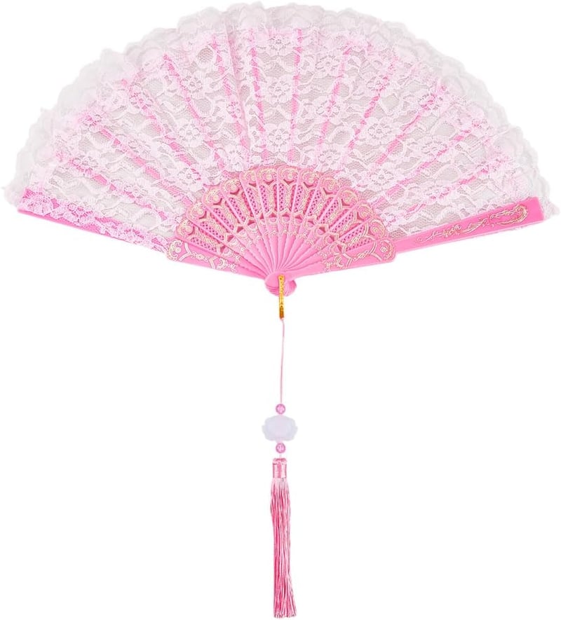 Evantai pliabil CREATCABIN cu dantelă roz brodată, pentru dans Lolita, decor de nuntă, 247 x 455 x 20 mm