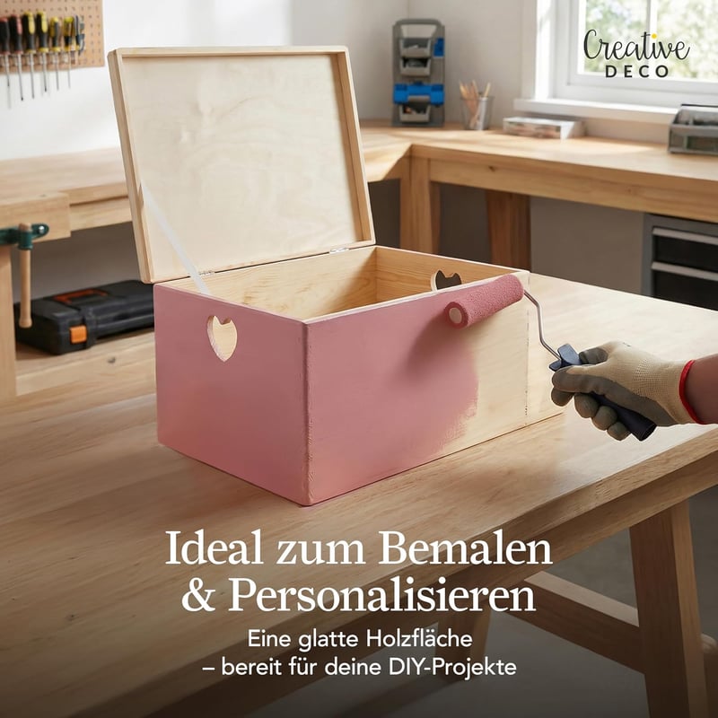 Creative Deco Natúr nagy fa emlékezésdoboz fedéllel 40x30x24 cm szív alakú fogantyúval dokumentumoknak és játékoknak