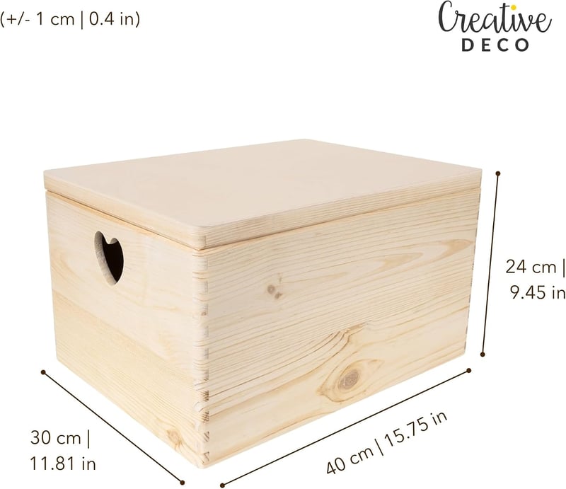 Creative Deco Natúr nagy fa emlékezésdoboz fedéllel 40x30x24 cm szív alakú fogantyúval dokumentumoknak és játékoknak