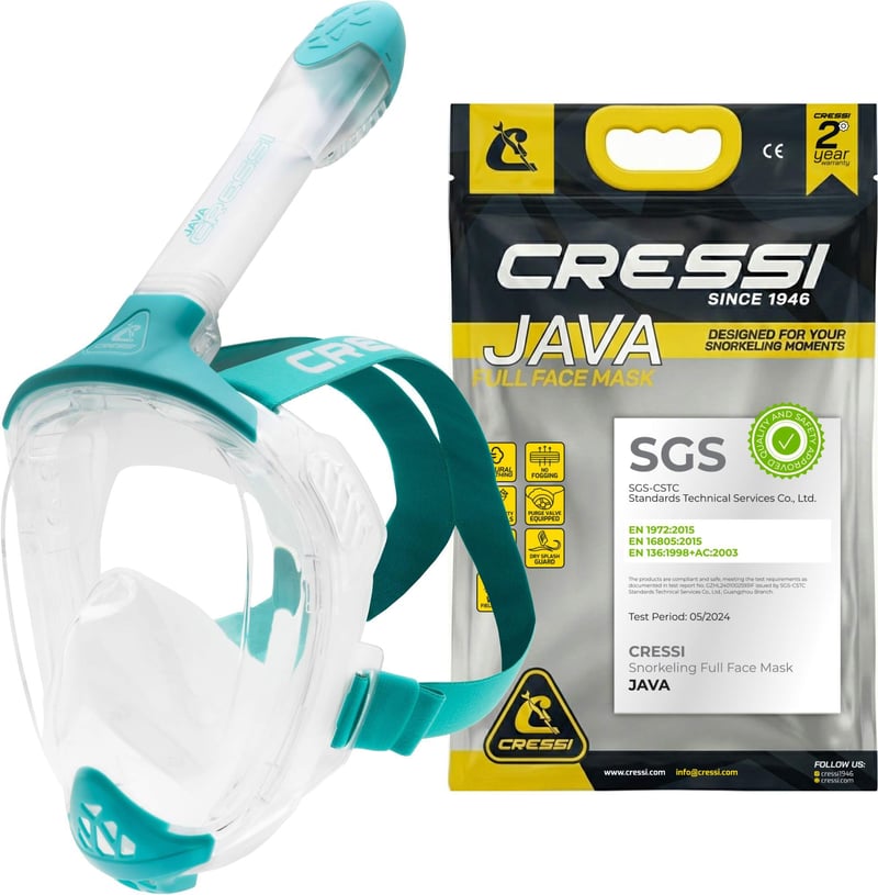Mască de snorkeling full face Cressi Java pentru adulți, mărimea S/M, transparent/albastru acvamarin, mască de scufundări compactă