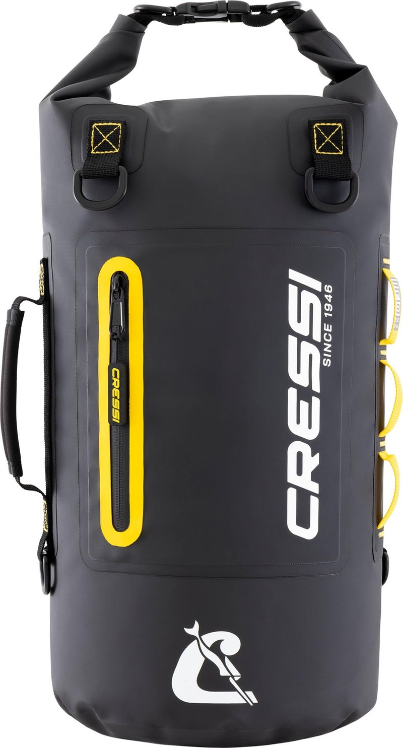 Vodotesná taška Cressi Ocelot Dry Bag 20 l – čierna/žltá, plážová taška s rolovacím uzáverom, ramenným popruhom a vreckom na zips na vodné športy
