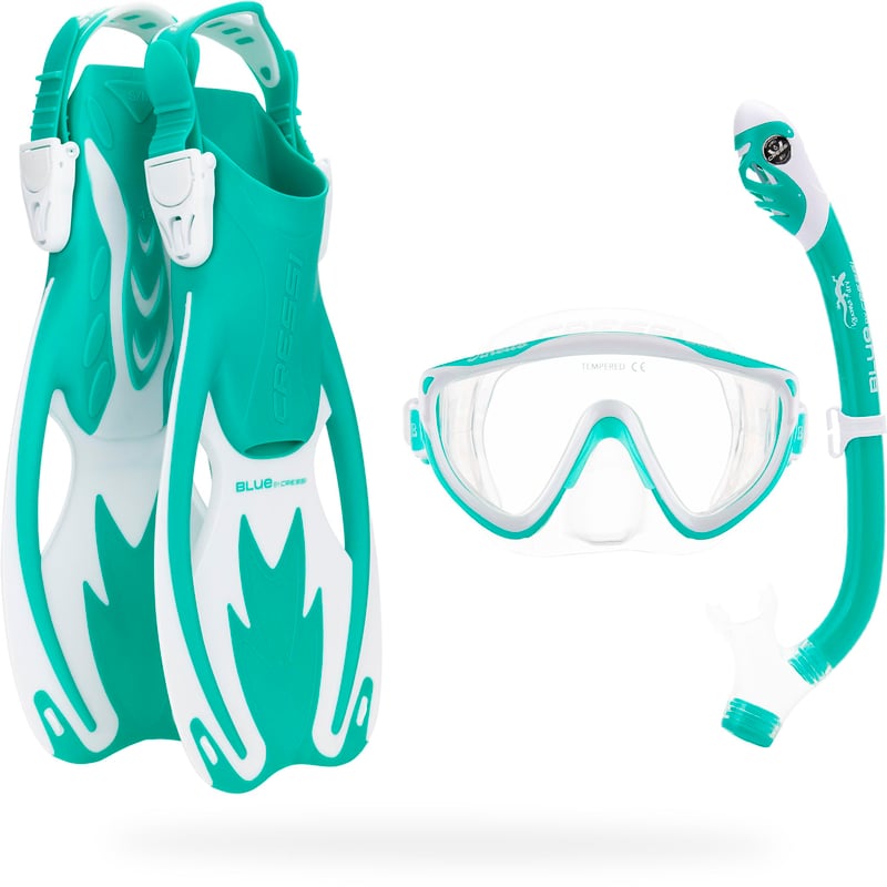 Set Snorkel pentru Copii Cressi Tinetto Rocks cu Labute Scurte, Mască din Silicon și Snorkel Uscat - Verde-Apă/Alb, mărimea L/XL