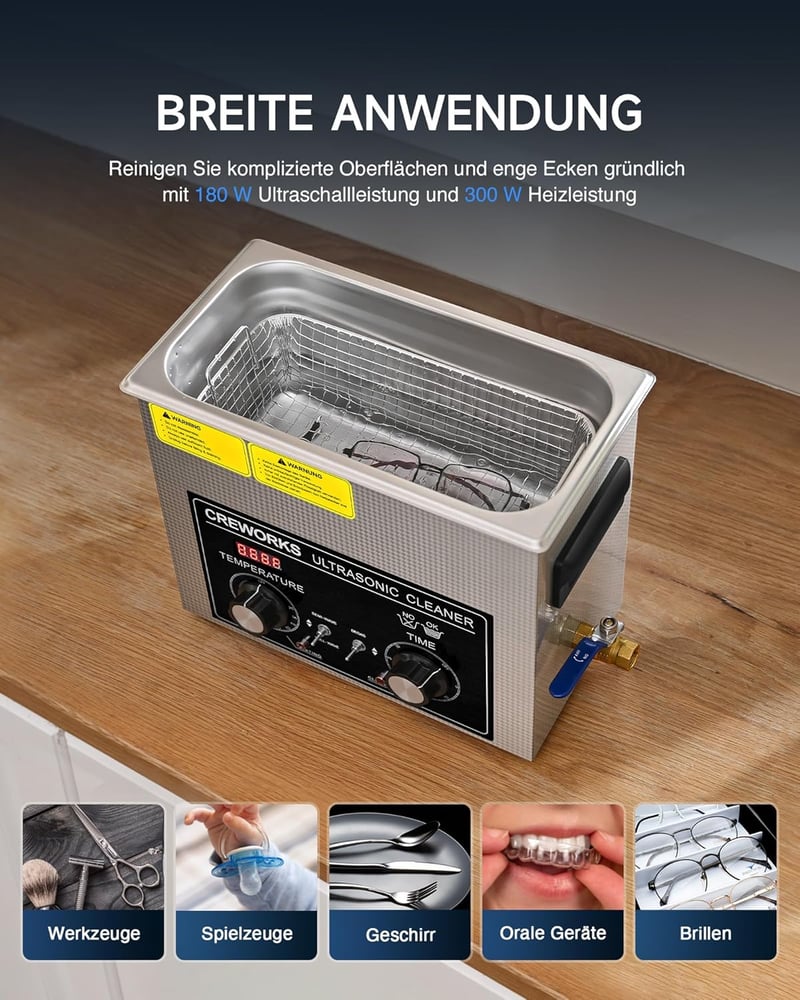 CREWORKS 6L Ultrasonic Tisztító Gép 180W Fűtéssel Fogsor Ékszer Óra Tisztításhoz