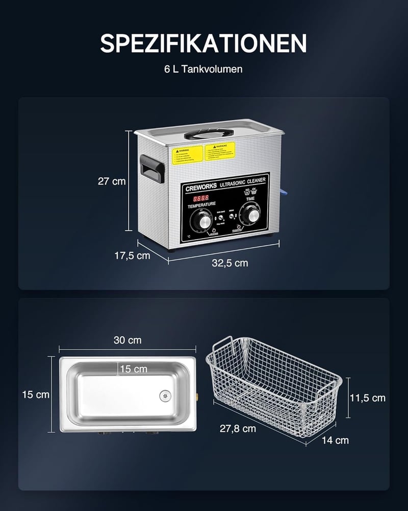 CREWORKS 6L Ultrasonic Tisztító Gép 180W Fűtéssel Fogsor Ékszer Óra Tisztításhoz