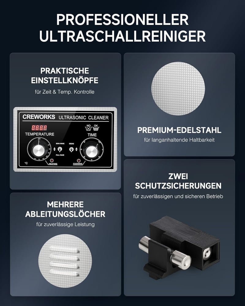 CREWORKS 6L Ultrasonic Tisztító Gép 180W Fűtéssel Fogsor Ékszer Óra Tisztításhoz