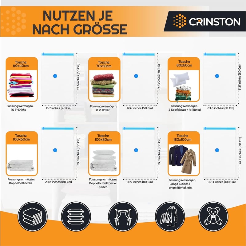 CRINSTON Ruhavákuum Táskák 6 db-os Szett - Ruha, Paplan, Ágynemű Tároláshoz