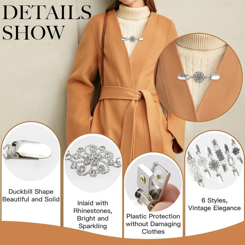 CRITIVE-SHOP 6 db vintage derékrögzítő ruhakapocs kardigán klipsz virágos strasszdísszel női blúzhoz, sálhoz