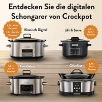 Slow Cooker Digital Crock-Pot CSC063X 7,5 L – Oală pentru gătit lent din oțel inoxidabil pentru 10+ persoane, cu timp de gătire reglabil 7