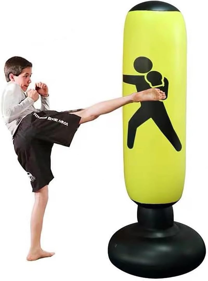 CRSUSUKJ 160 cm Álló Boxzsák Felfújható Ütőzsák Sárga Felnőtt Gyerek Fitness Edzés Stresszoldás Boksz Torony