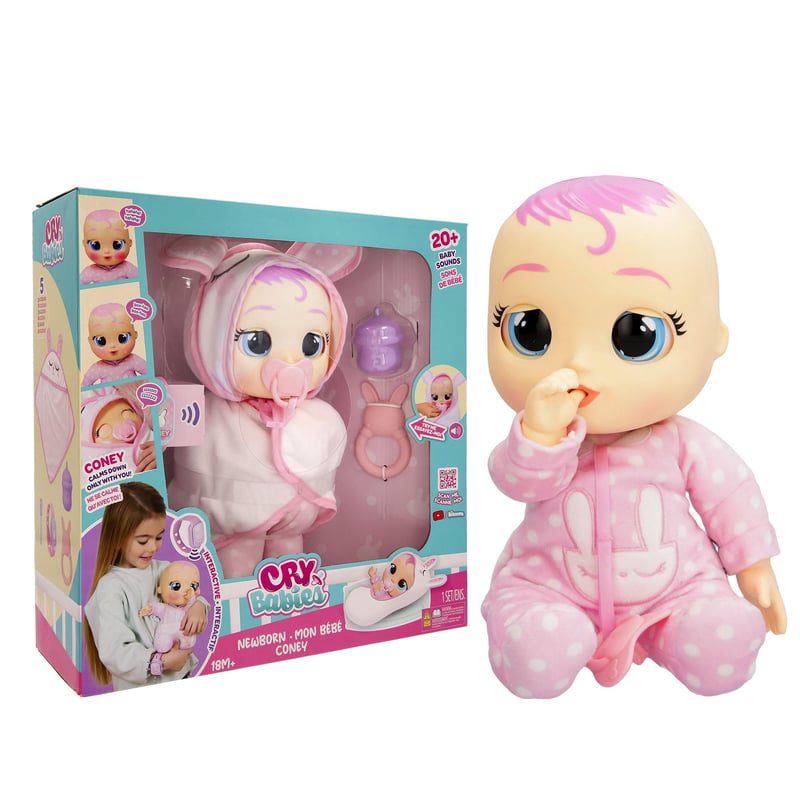 Cry Babies Magic Tears Newborn Coney Deluxe interaktív újszülött baba elektronikus karkötővel, valódi könnyeket sír, kiegészítőkkel, 18 hóna