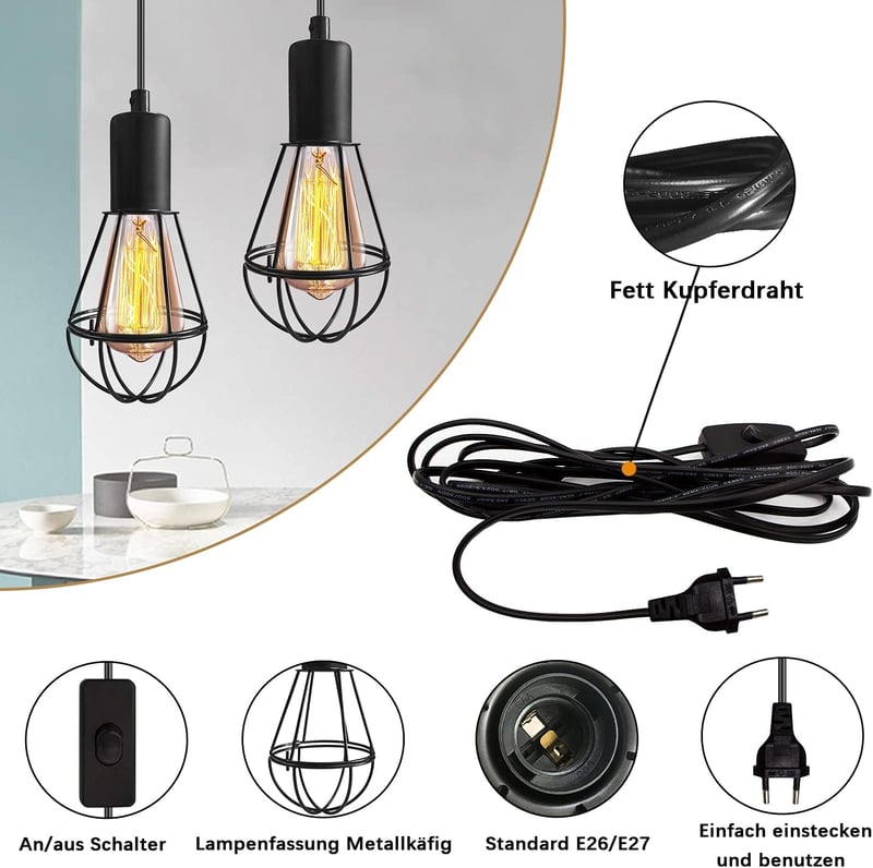 Crzpchas Ipari Függő Lámpa Fekete Fém Vintage Csillár Kapcsolóval 4,5m Kábel E27 Foglalat 60W Loft Stílus