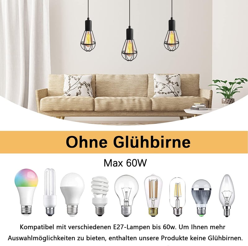 Crzpchas Ipari Függő Lámpa Fekete Fém Vintage Csillár Kapcsolóval 4,5m Kábel E27 Foglalat 60W Loft Stílus