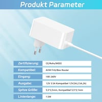 cshare 12V 3.5A Hálózati Adapter - Kompatibilis AVM Fritz!Box 7590, 7560, 7530, 7490 és Telekom Speedport Router Készülékekkel - 1,5m Kábel 4