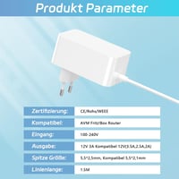 cshare 12V 3A Hálózati Adapter AVM Fritz!Box 7590, 7560, 7530, 7490 és Telekom Speedport Routerekhez - 5.5x2.5mm DC Csatlakozó, 1.5m Kábel,  3