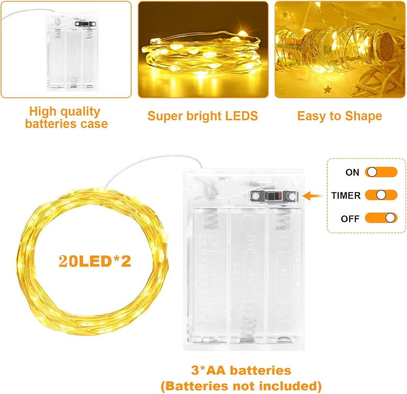 cshare 2 db Elemes Tündérfény Időzítővel - 2m 20 LED Meleg Fehér Rézhuzalos Fényfüzér - IP65 Vízálló Dekoráció Szobába, Kertbe, Karácsonyi D