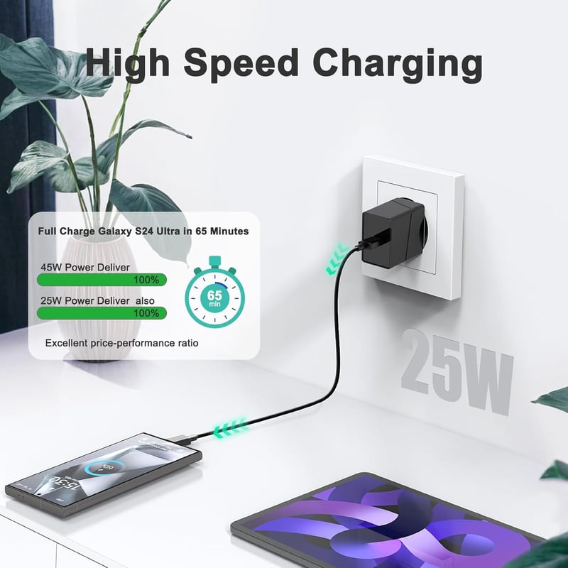 cshare 25W USB-C Gyorstöltő 2m Kábellel - Samsung Galaxy S24/S23/S22/S21/S20/A25/A15 Kompatibilis Fali Töltő - PD 3.0 és PPS Technológia
