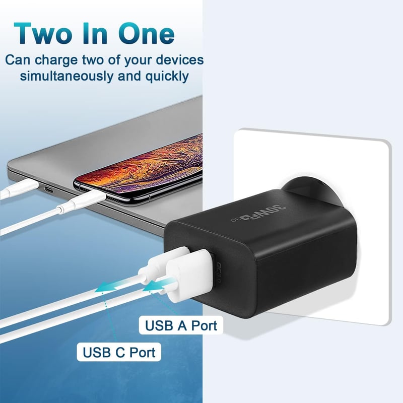 cshare 30W USB-C Gyorstöltő PD 3.0 PPS - 2 Portos Adapter iPhone 15, Google Pixel, Samsung Galaxy Telefonokhoz 2m Kábellel