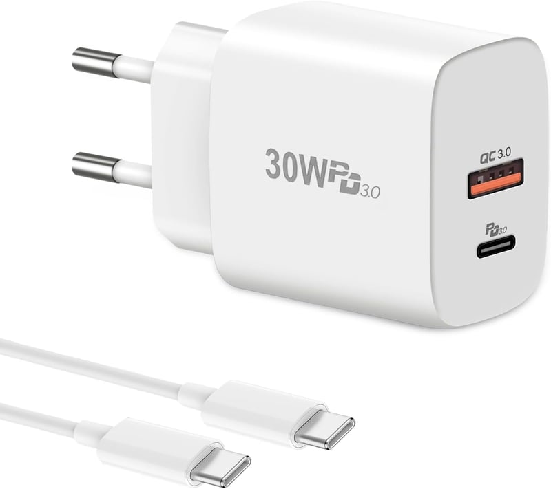 cshare 30W USB-C Gyorstöltő PD 3.0 PPS Technológiával - 2 Portos Töltő Google Pixel, iPhone, Samsung Készülékekhez 2m Kábellel
